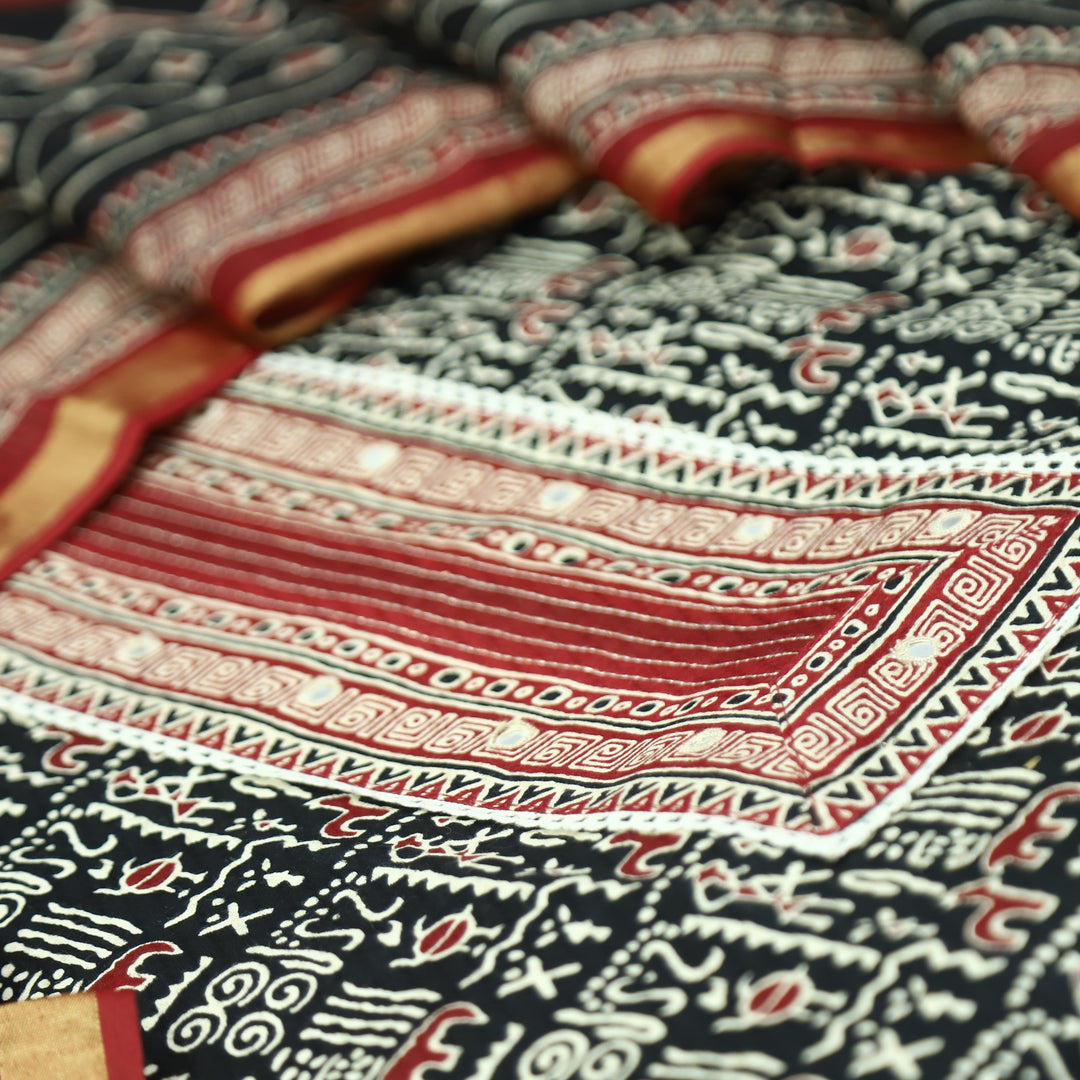 Khairiyat Black Patra Patch In Ajrakh Warli Print Cotton Suit Set D2