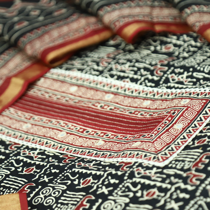 Khairiyat Black Patra Patch In Ajrakh Warli Print Cotton Suit Set D2