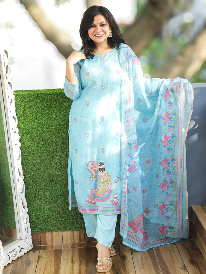Sanaya Sky Blue Moti Work Hem Kota Doriya Set