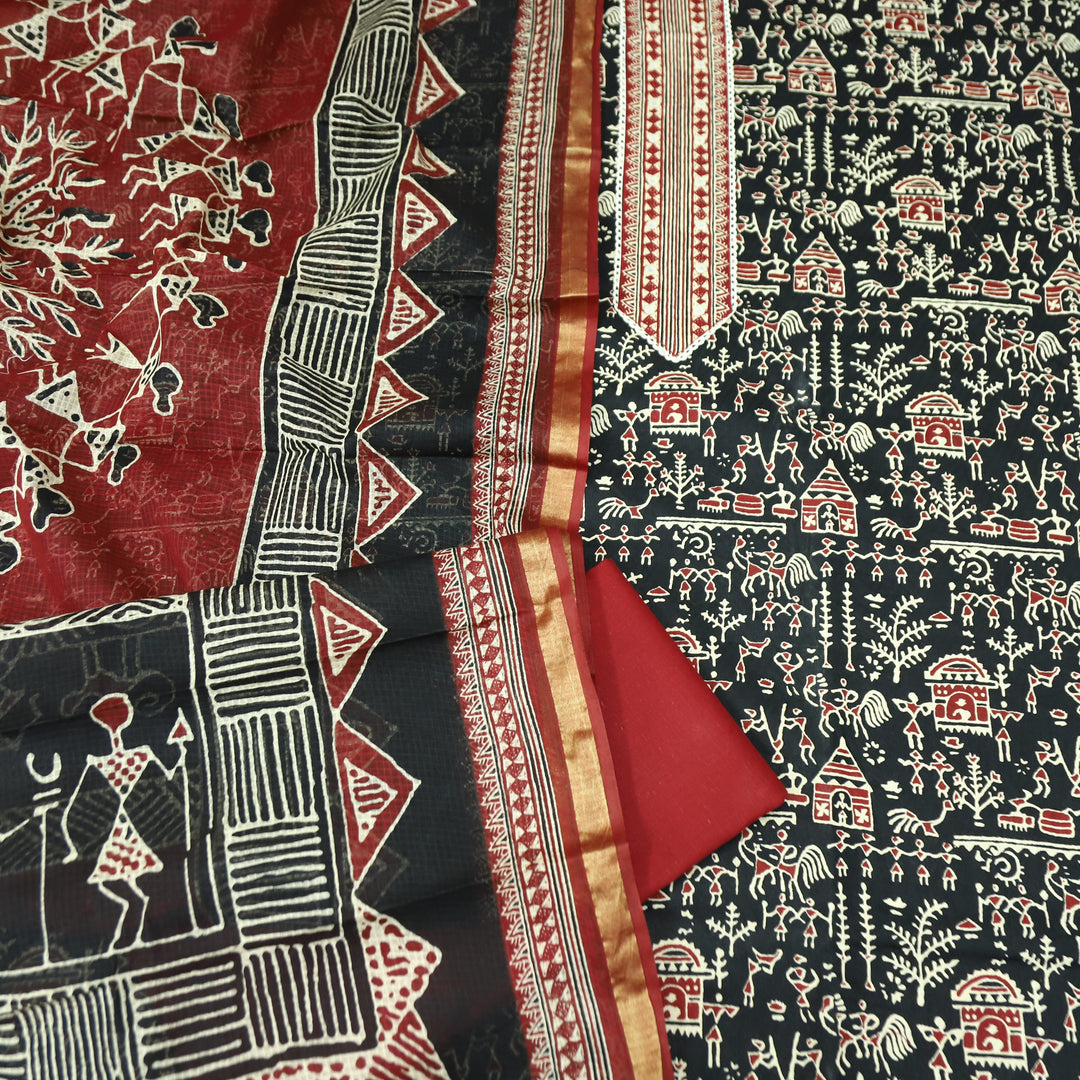 Khairiyat Black Patra Patch In Ajrakh Warli Print Cotton Suit Set D3