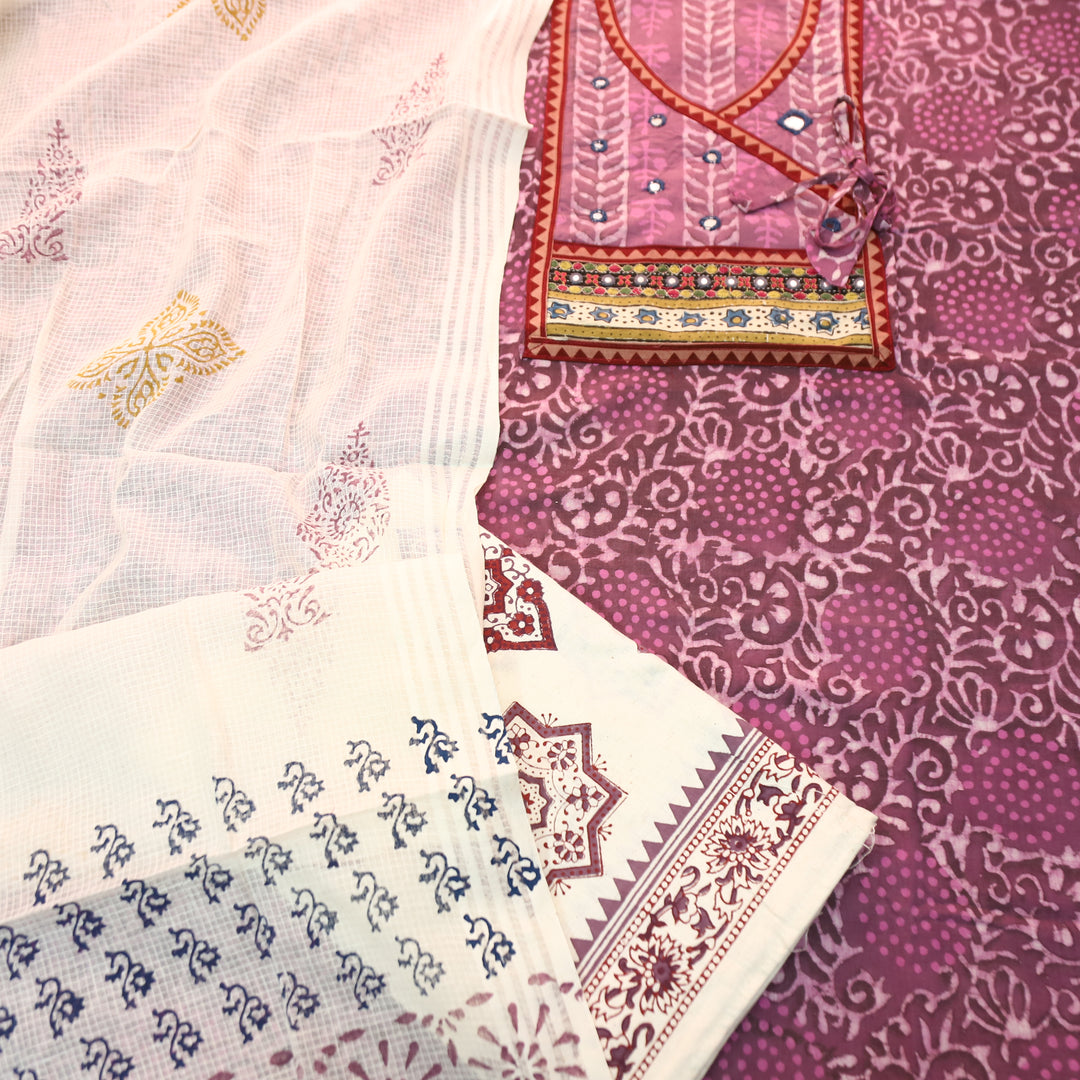 Galliyaan Onion Purple Angrkha Neck with Mirror in Dabu Printed Cotton Suit Set