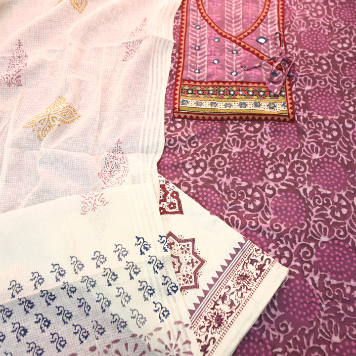 Galliyaan Onion Purple Angrkha Neck with Mirror in Dabu Printed Cotton Suit Set