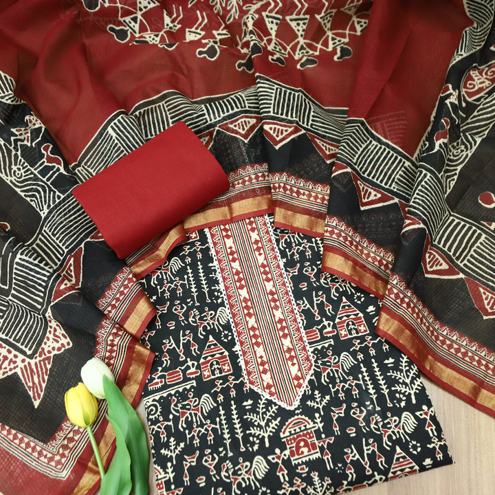 Khairiyat Black Patra Patch In Ajrakh Warli Print Cotton Suit Set D3