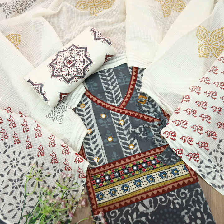 Galliyaan Fossil Grey Angrkha Neck with Mirror in Dabu Printed Cotton Suit Set