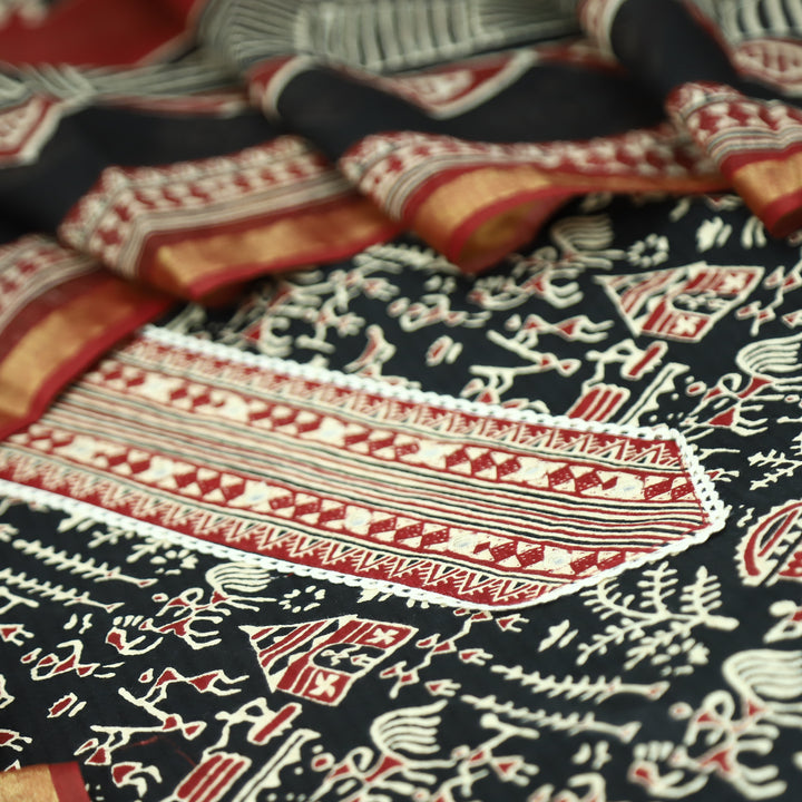 Khairiyat Black Patra Patch In Ajrakh Warli Print Cotton Suit Set D3