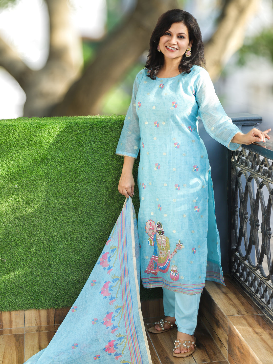 Sanaya Sky Blue Moti Work Hem Kota Doriya Set