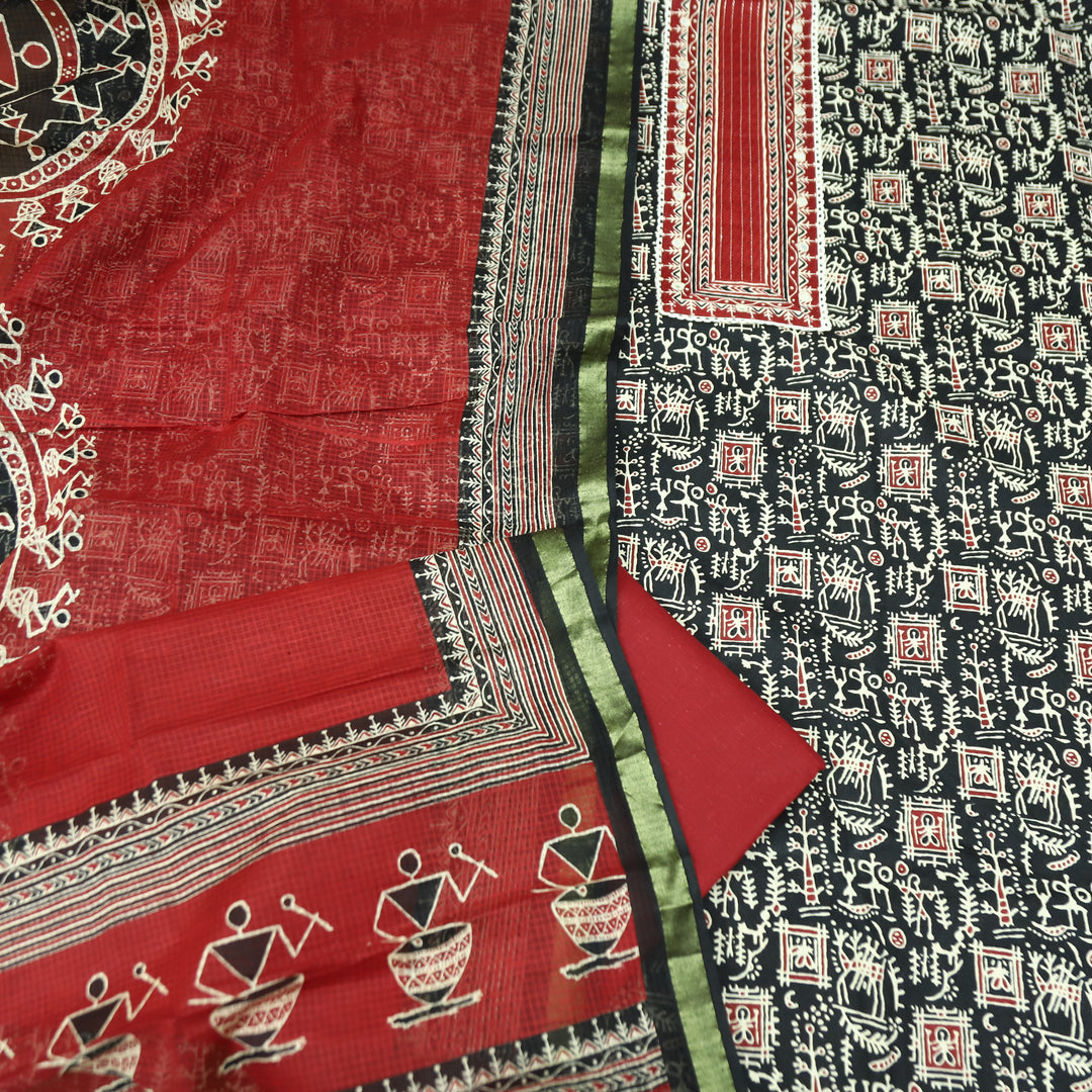 Khairiyat Black Patra Patch In Ajrakh Warli Print Cotton Suit Set D4