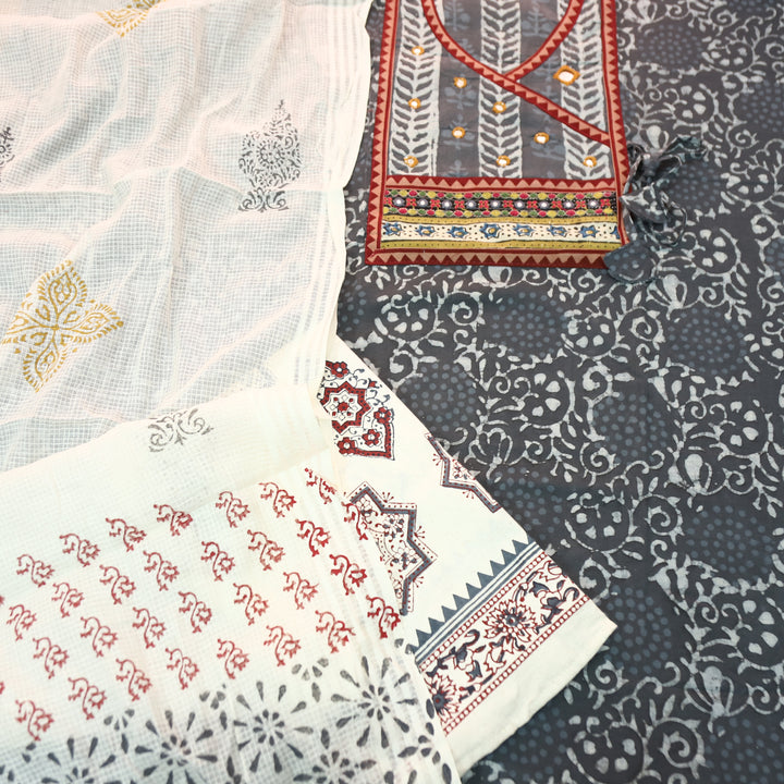 Galliyaan Fossil Grey Angrkha Neck with Mirror in Dabu Printed Cotton Suit Set