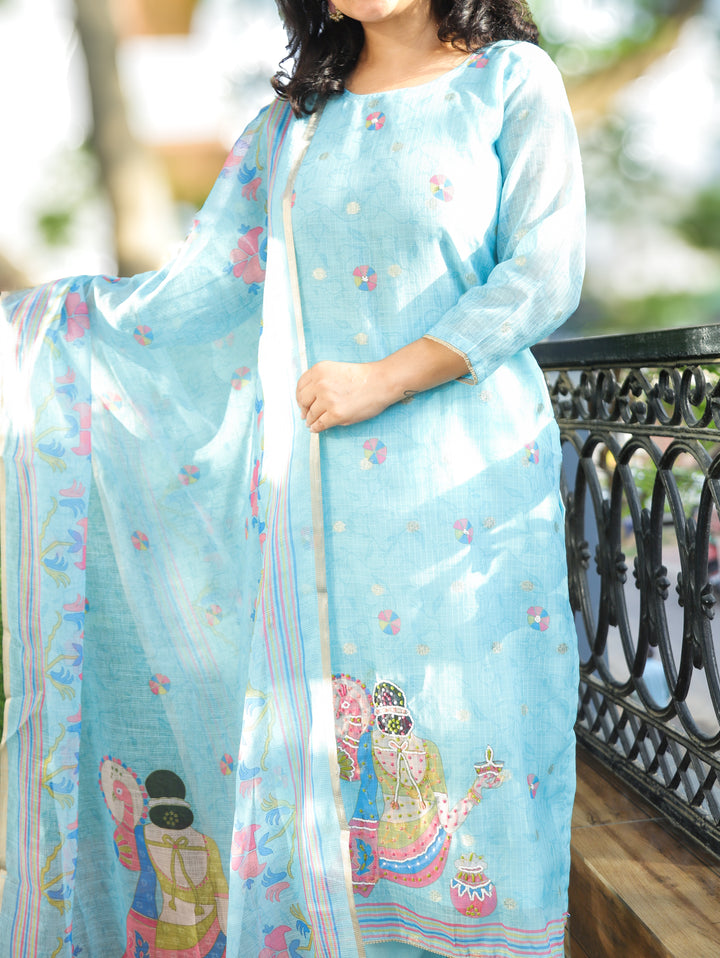 Sanaya Sky Blue Moti Work Hem Kota Doriya Set