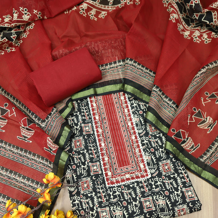 Khairiyat Black Patra Patch In Ajrakh Warli Print Cotton Suit Set D4