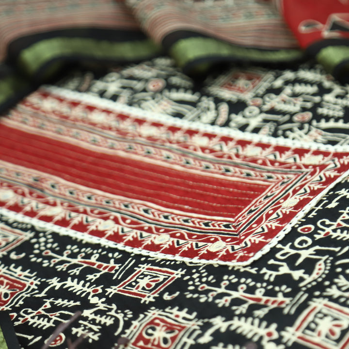 Khairiyat Black Patra Patch In Ajrakh Warli Print Cotton Suit Set D4