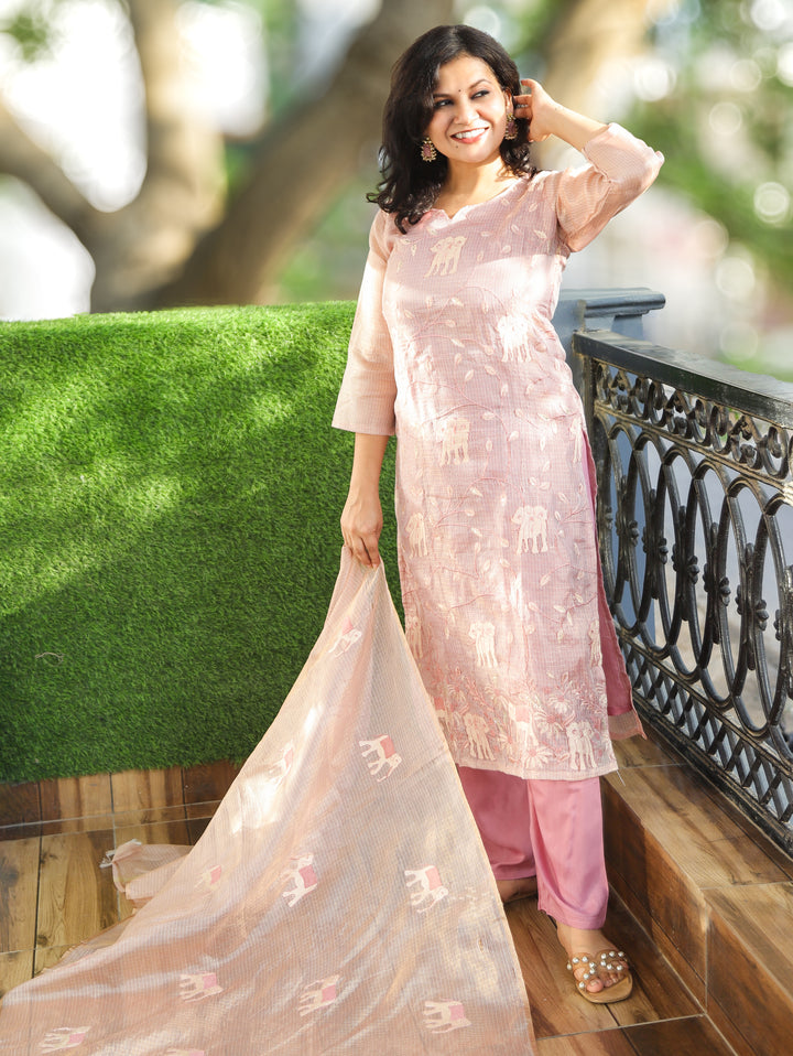 Sharda Lilac Gajj Embroidered Shimmer Kota Doriya Set