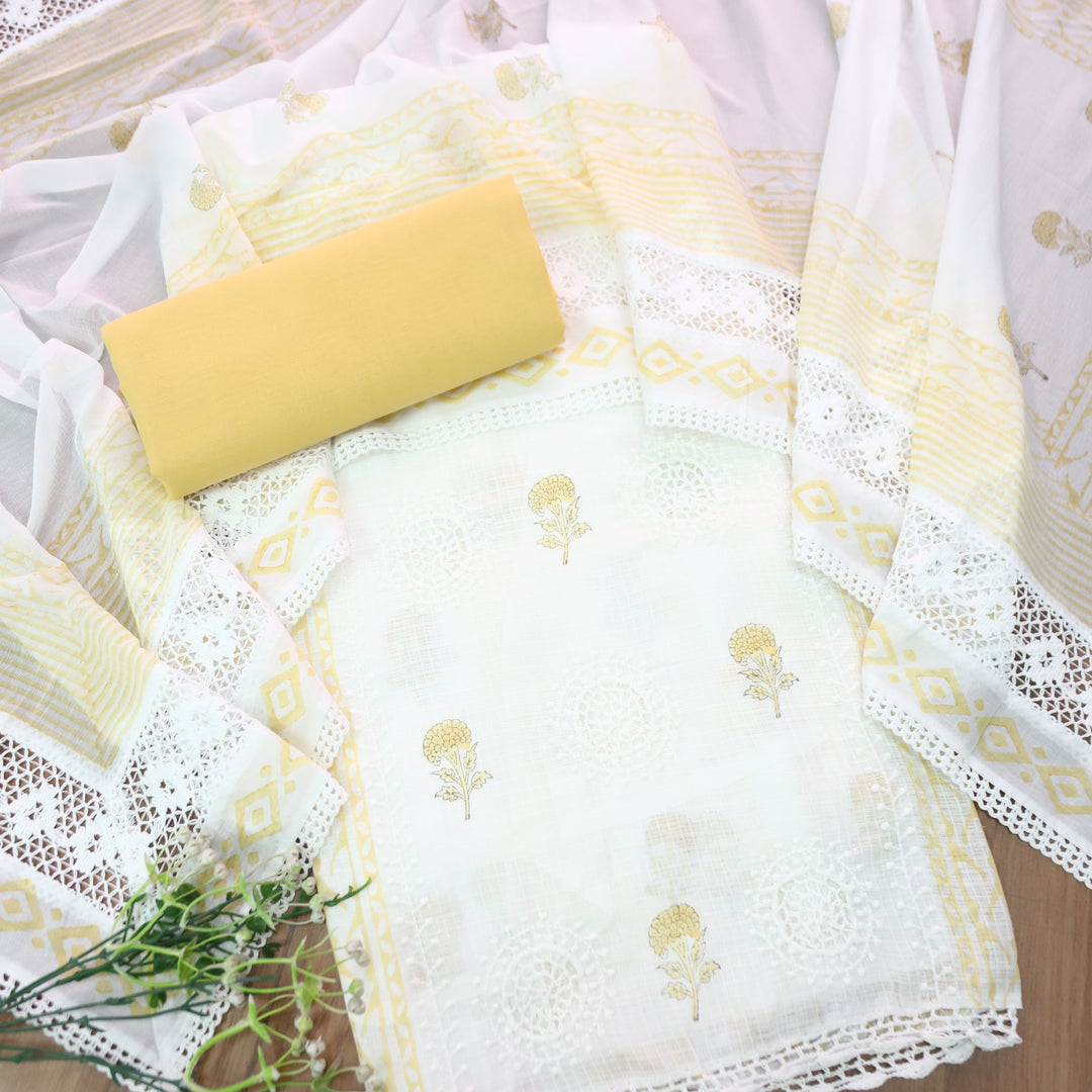 Mirva Peal White with Yellow Block Printed Crochet Panel Kota Doriya Set