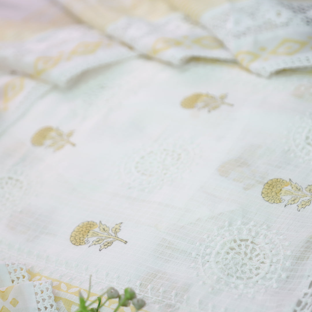 Mirva Peal White with Yellow Block Printed Crochet Panel Kota Doriya Set
