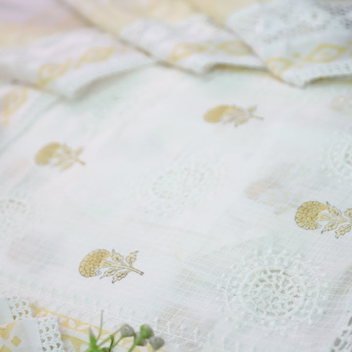 Mirva Peal White with Yellow Block Printed Crochet Panel Kota Doriya Set