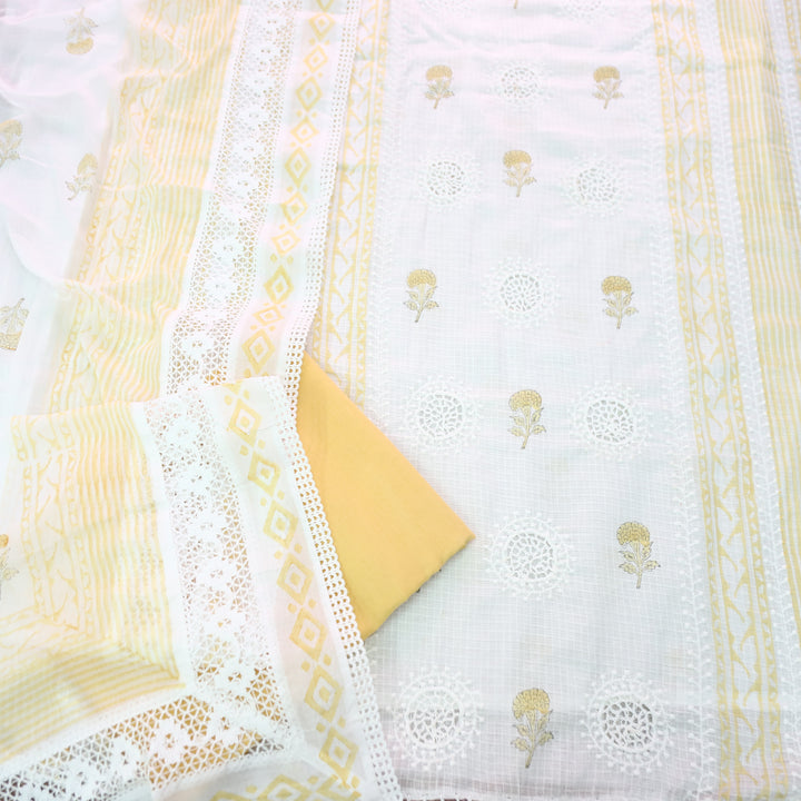 Mirva Peal White with Yellow Block Printed Crochet Panel Kota Doriya Set