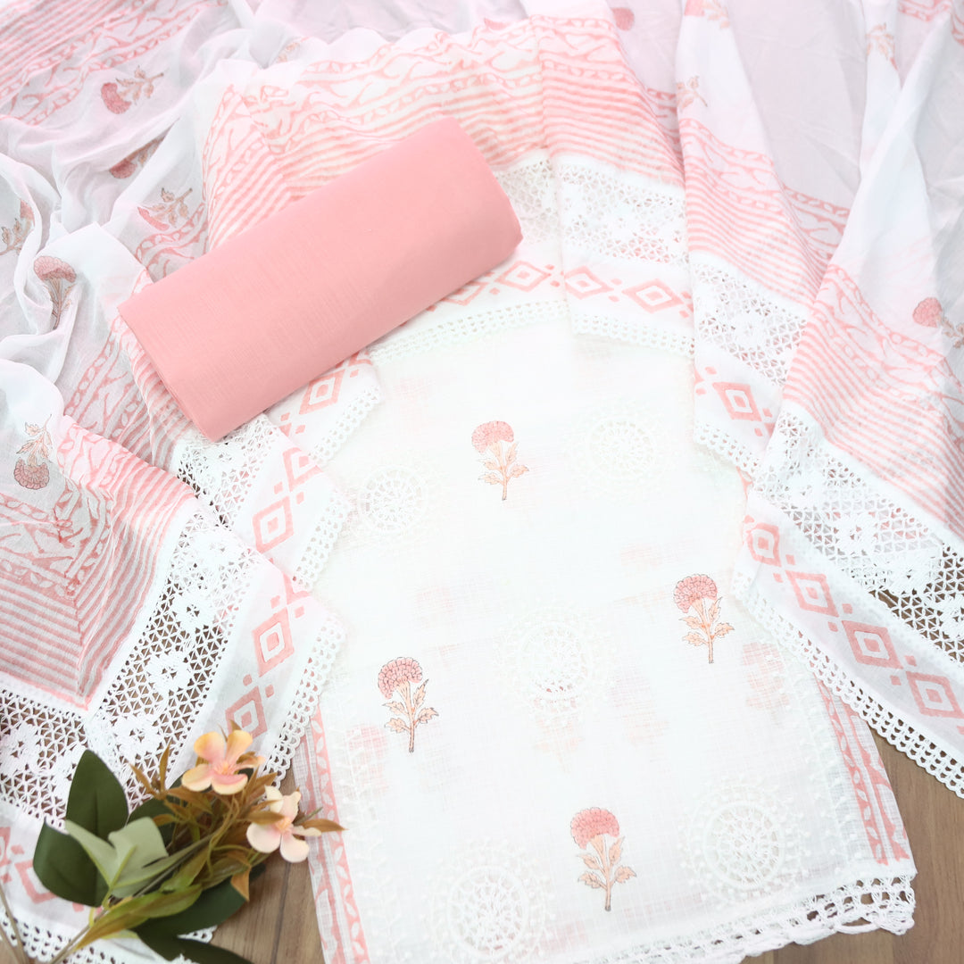 Mirva Pearl White with Peach Block Printed Crochet Panel Kota Doriya Set
