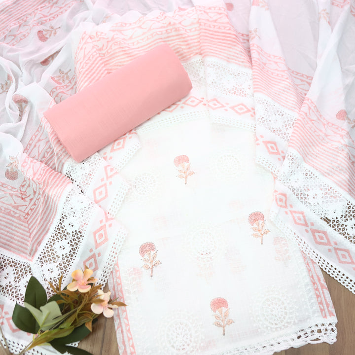 Mirva Pearl White with Peach Block Printed Crochet Panel Kota Doriya Set