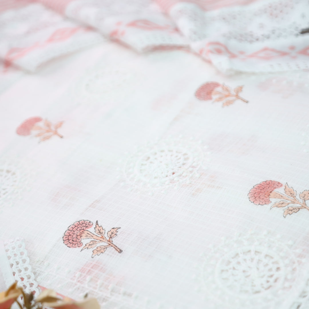 Mirva Pearl White with Peach Block Printed Crochet Panel Kota Doriya Set
