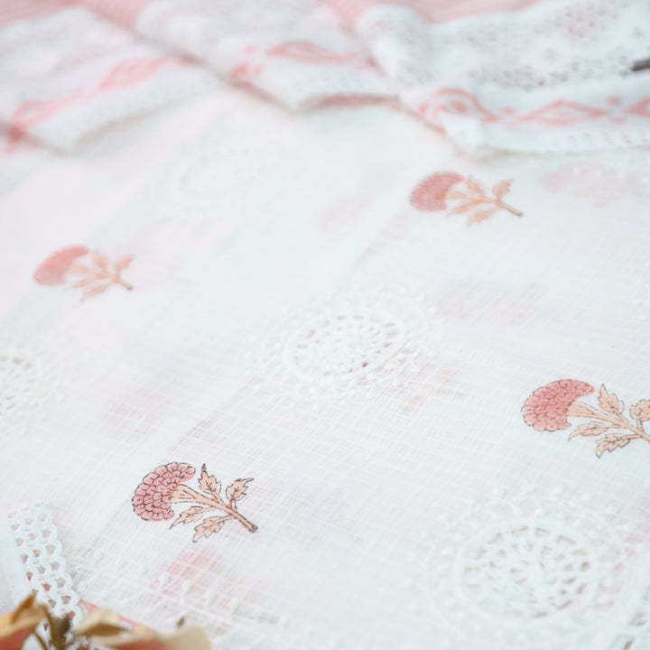 Mirva Pearl White with Peach Block Printed Crochet Panel Kota Doriya Set