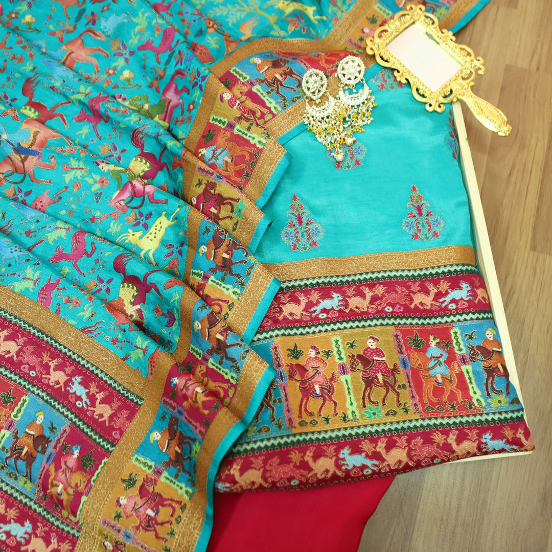 Saraayah Aqua Luxe Pochampally Print in Pogishan Jacquard Weaved Gajji Silk Set
