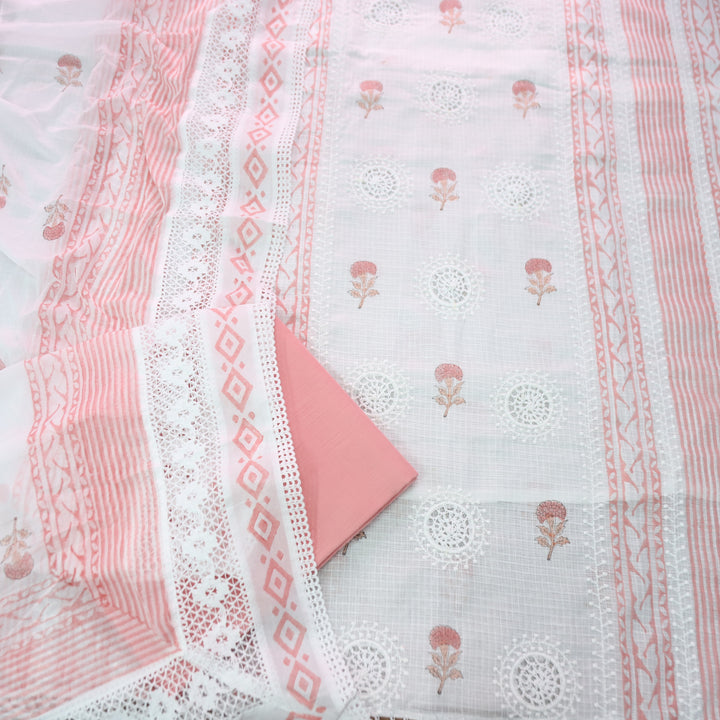 Mirva Pearl White with Peach Block Printed Crochet Panel Kota Doriya Set