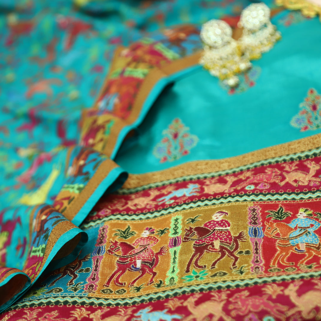 Saraayah Aqua Luxe Pochampally Print in Pogishan Jacquard Weaved Gajji Silk Set