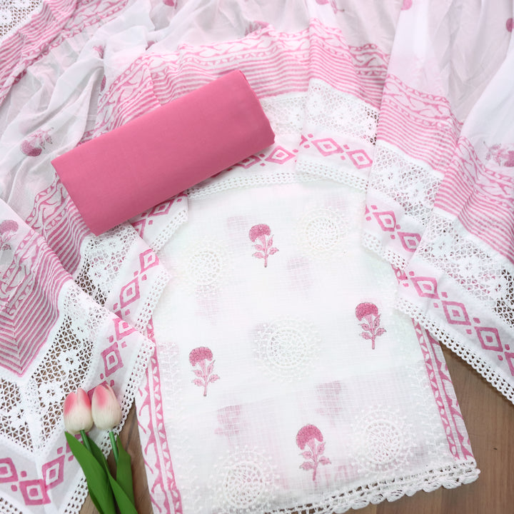 Mirva Pearl White with Pink Block Printed Crochet Panel Kota Doriya Set