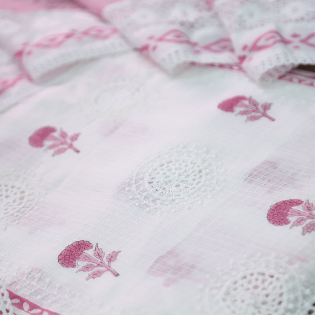 Mirva Pearl White with Pink Block Printed Crochet Panel Kota Doriya Set