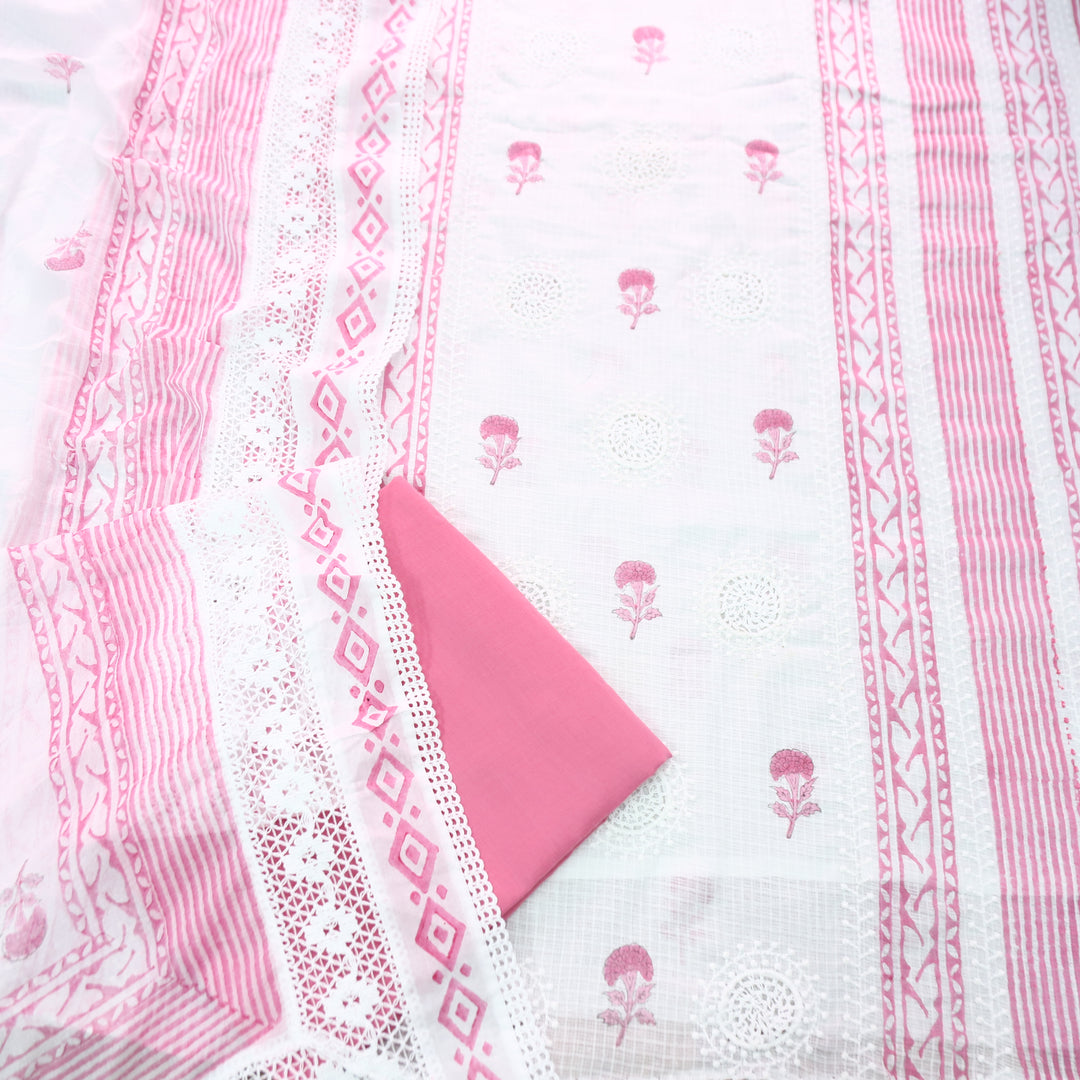 Mirva Pearl White with Pink Block Printed Crochet Panel Kota Doriya Set