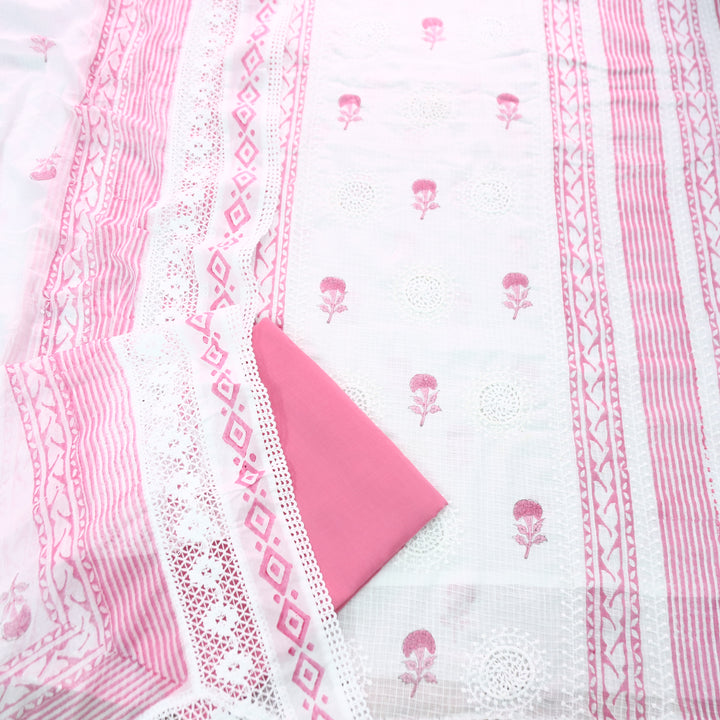 Mirva Pearl White with Pink Block Printed Crochet Panel Kota Doriya Set