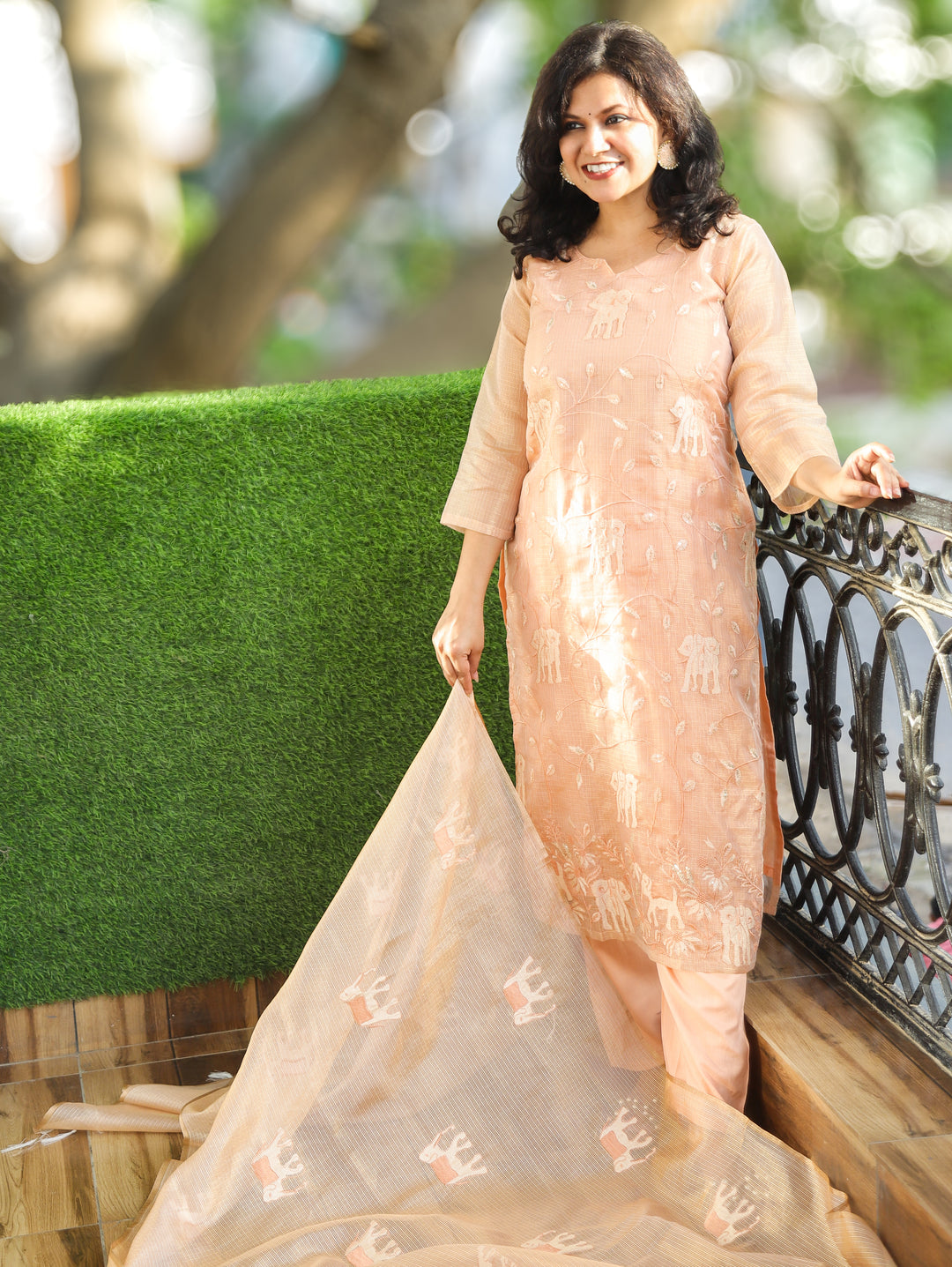 Sharda Peach Gajj Embroidered Shimmer Kota Doriya Set