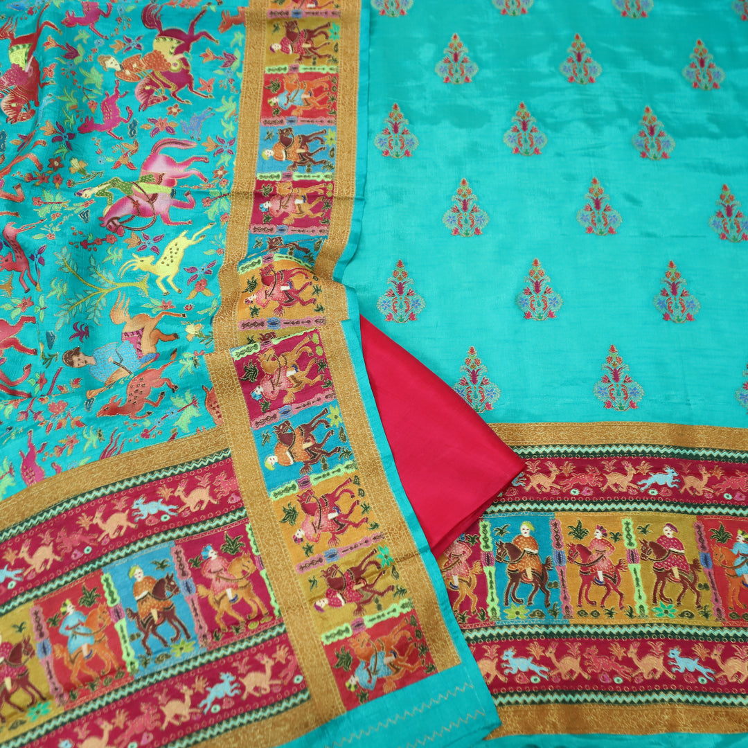 Saraayah Aqua Luxe Pochampally Print in Pogishan Jacquard Weaved Gajji Silk Set