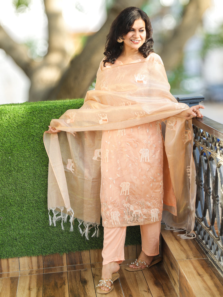 Sharda Peach Gajj Embroidered Shimmer Kota Doriya Set