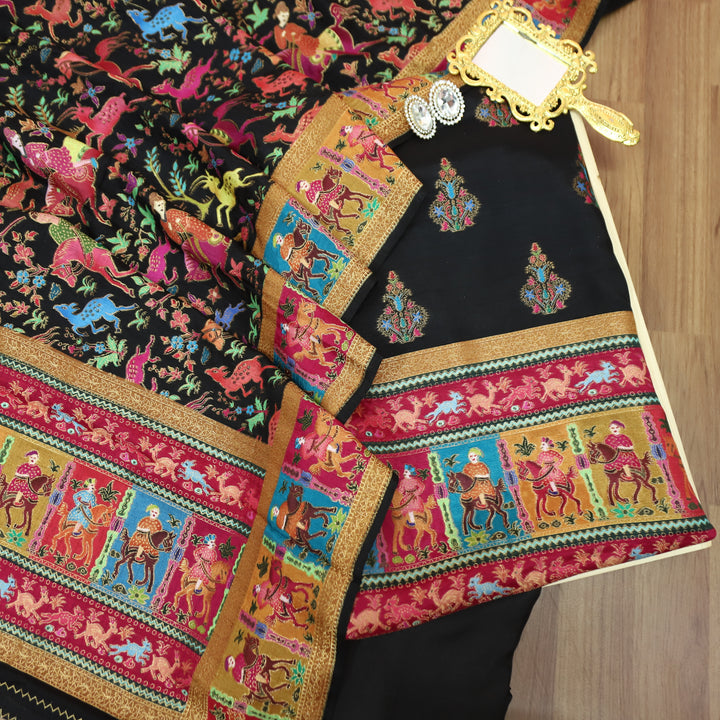Saraayah Black Luxe Pochampally Print in Pogishan Jacquard Weaved Gajji Silk Set
