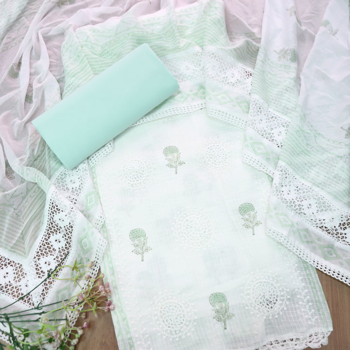 Mirva Pearl White with Aqua Block Printed Crochet Panel Kota Doriya Set