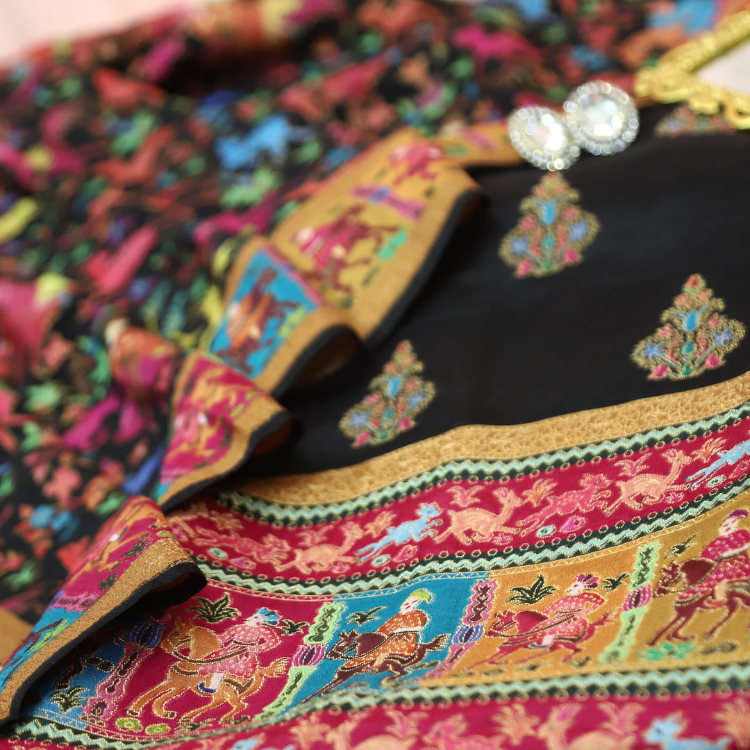 Saraayah Black Luxe Pochampally Print in Pogishan Jacquard Weaved Gajji Silk Set