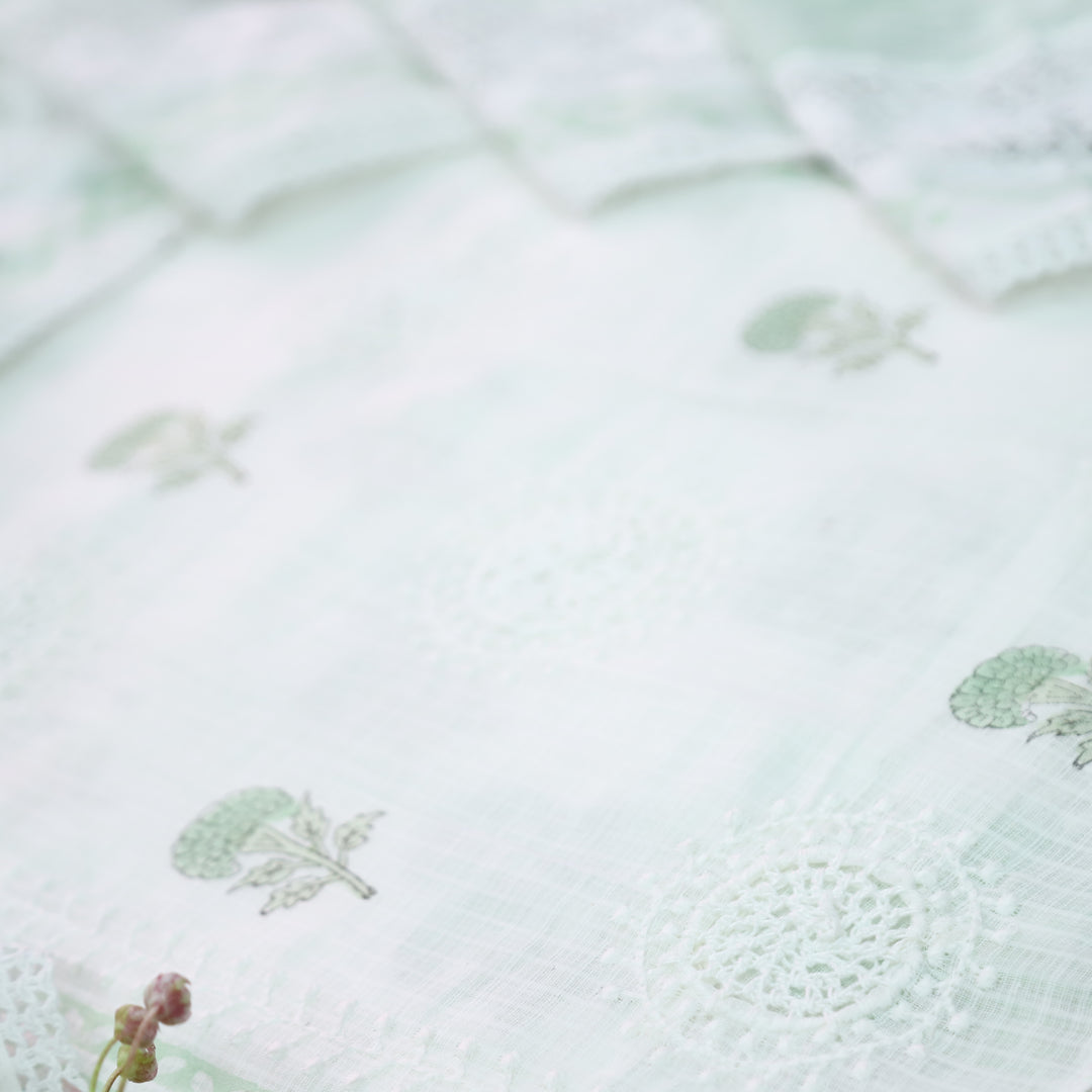 Mirva Pearl White with Aqua Block Printed Crochet Panel Kota Doriya Set