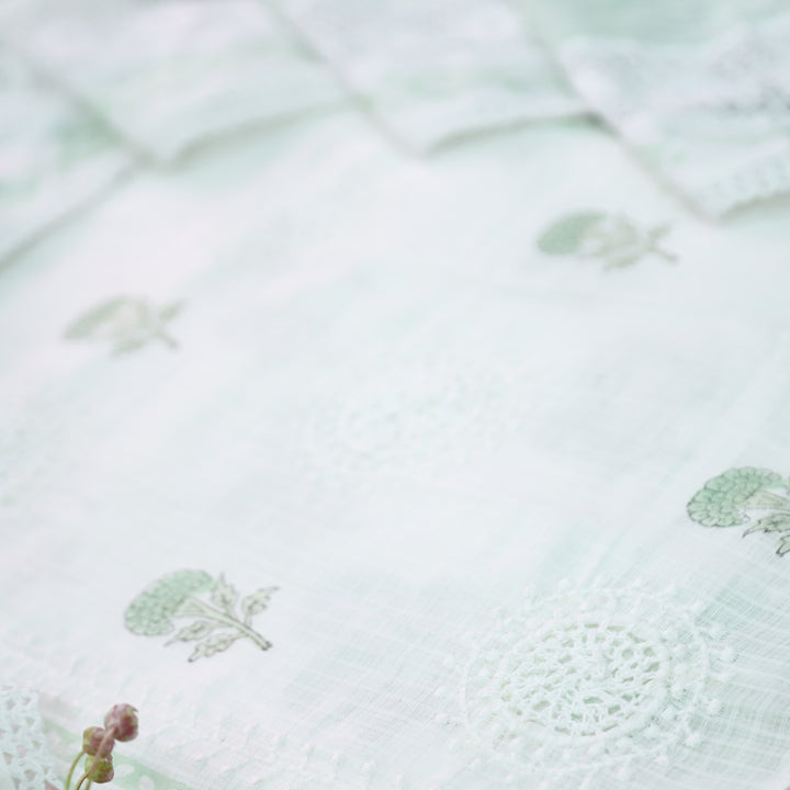 Mirva Pearl White with Aqua Block Printed Crochet Panel Kota Doriya Set