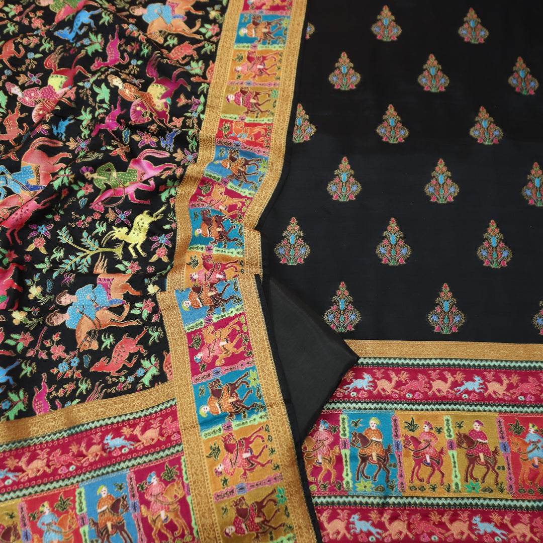 Saraayah Black Luxe Pochampally Print in Pogishan Jacquard Weaved Gajji Silk Set