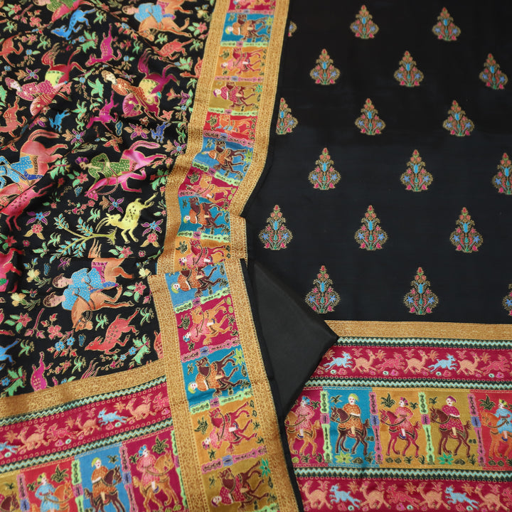 Saraayah Black Luxe Pochampally Print in Pogishan Jacquard Weaved Gajji Silk Set