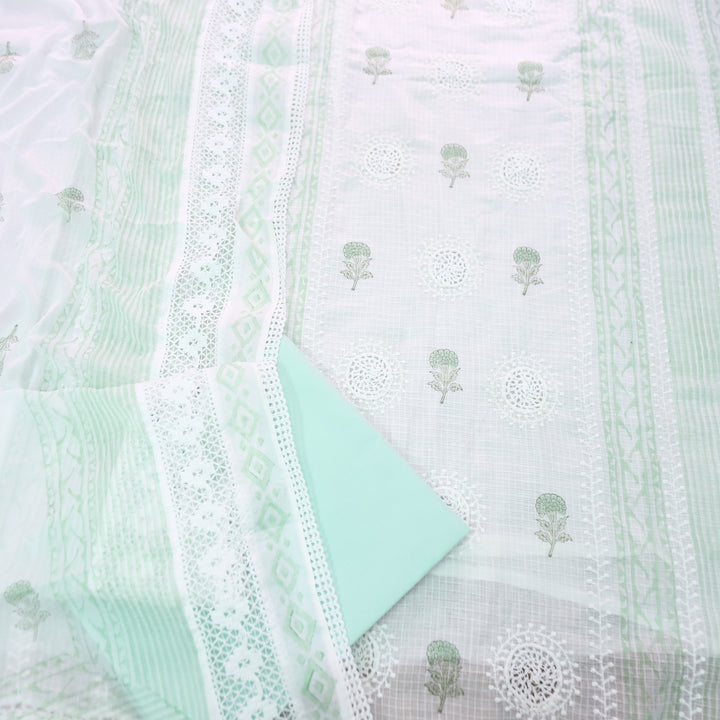 Mirva Pearl White with Aqua Block Printed Crochet Panel Kota Doriya Set