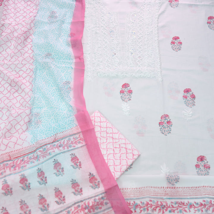 Kiara White Hand Embroidered Block Printed Cotton Set