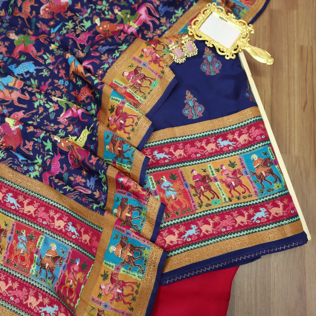 Saraayah Blue Luxe Pochampally Print in Pogishan Jacquard Weaved Gajji Silk Set