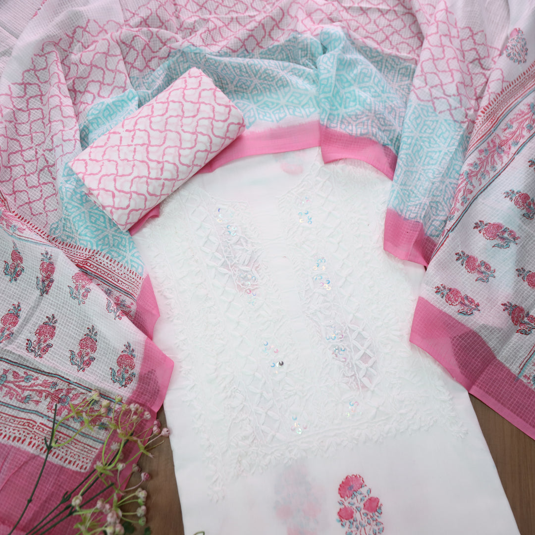 Kiara White Hand Embroidered Block Printed Cotton Set