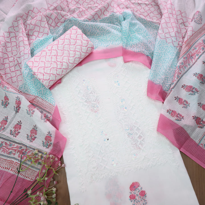 Kiara White Hand Embroidered Block Printed Cotton Set