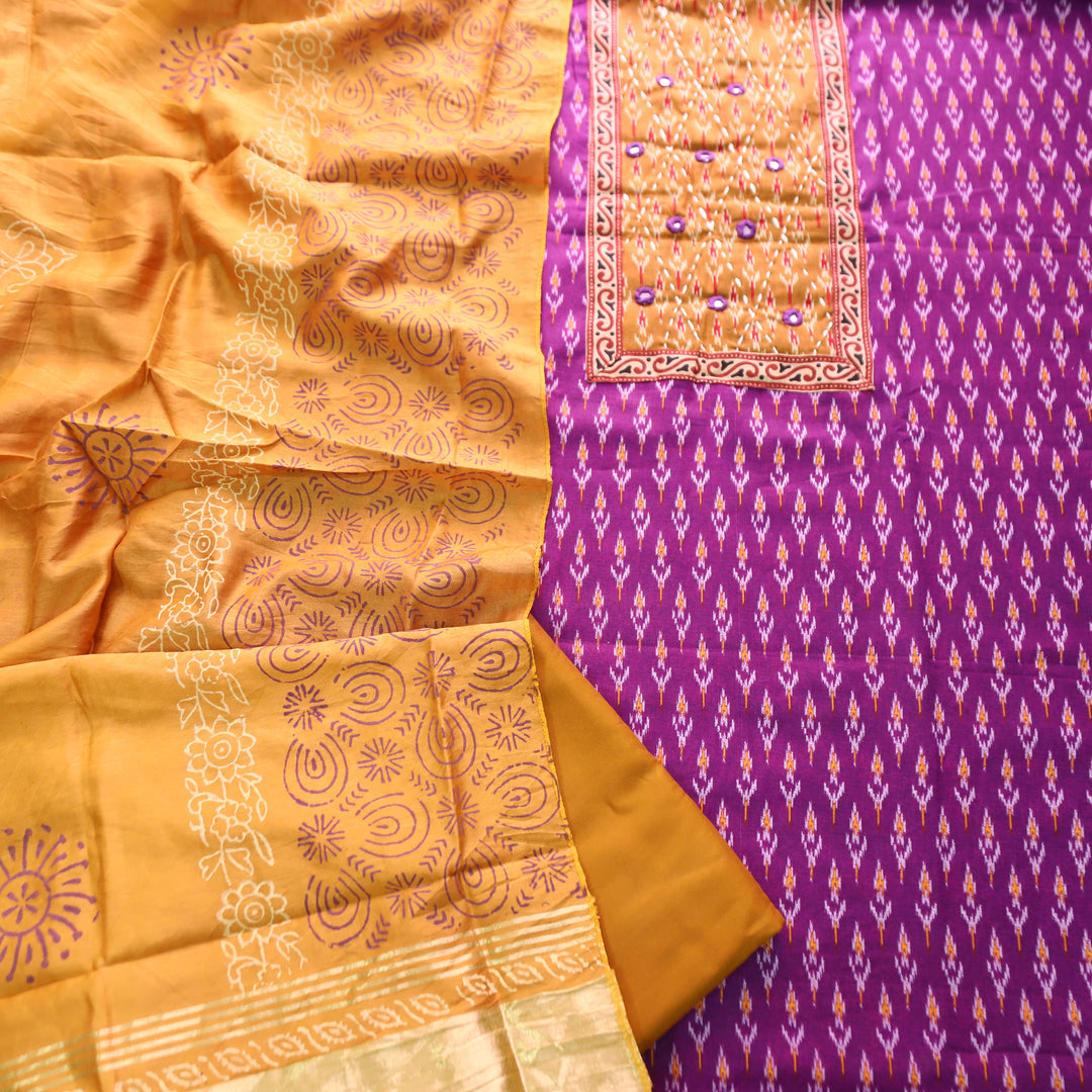 Sangroop Purple with Yellow Ikkat Printed Cotton Suit Set