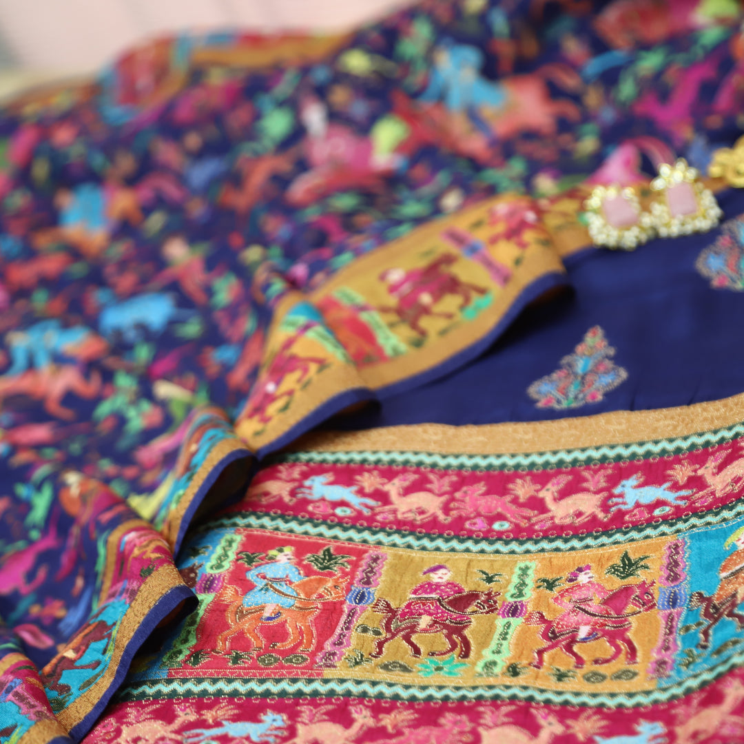 Saraayah Blue Luxe Pochampally Print in Pogishan Jacquard Weaved Gajji Silk Set