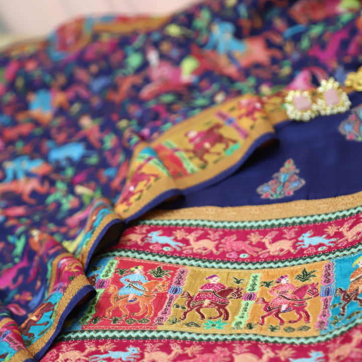 Saraayah Blue Luxe Pochampally Print in Pogishan Jacquard Weaved Gajji Silk Set