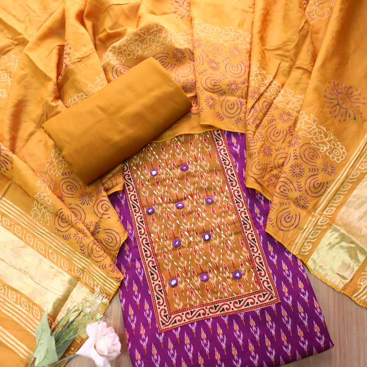 Sangroop Purple with Yellow Ikkat Printed Cotton Suit Set